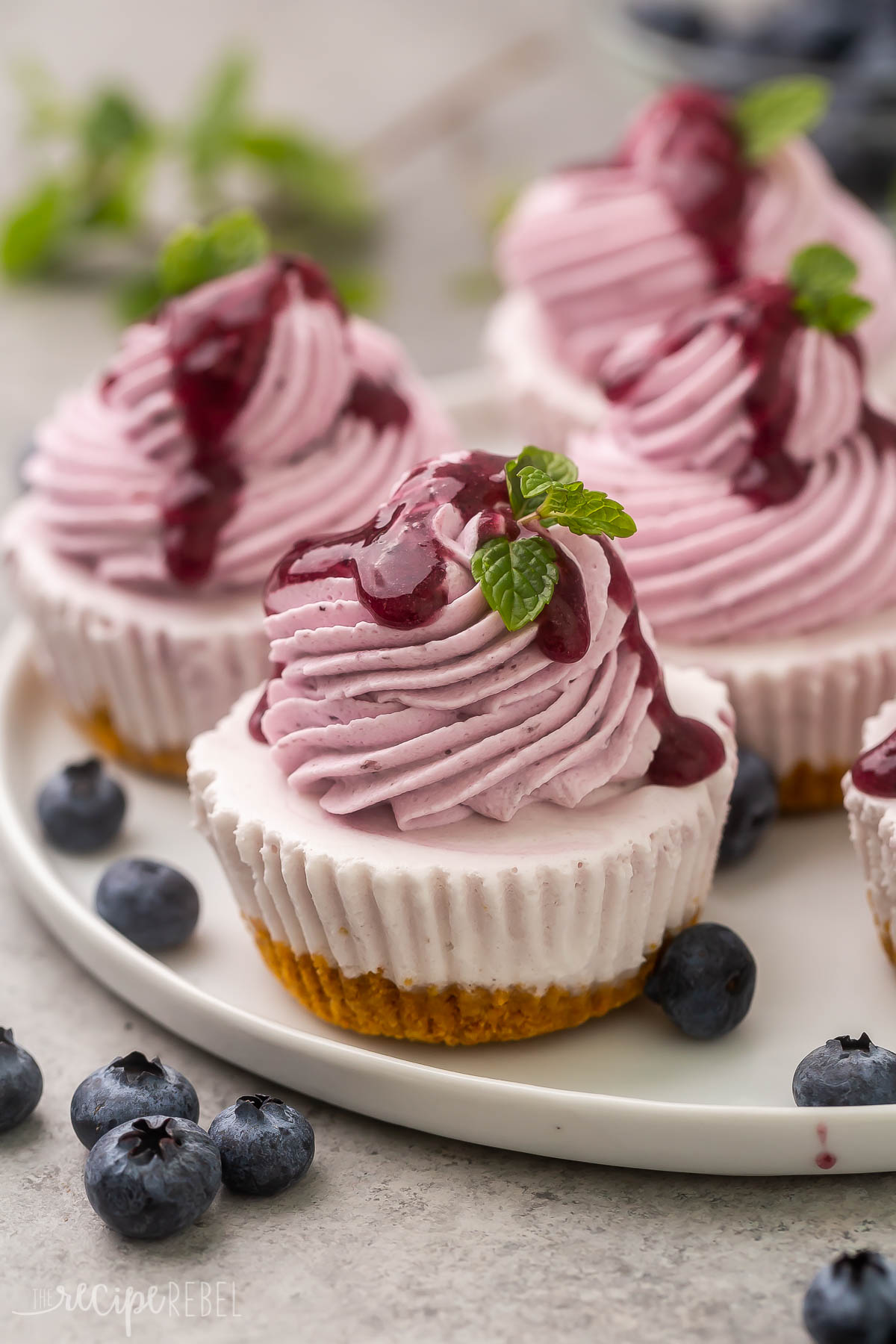 close up image of blueberry cheesecake ice cream cupcakes with whipped cream and blueberry sauce.