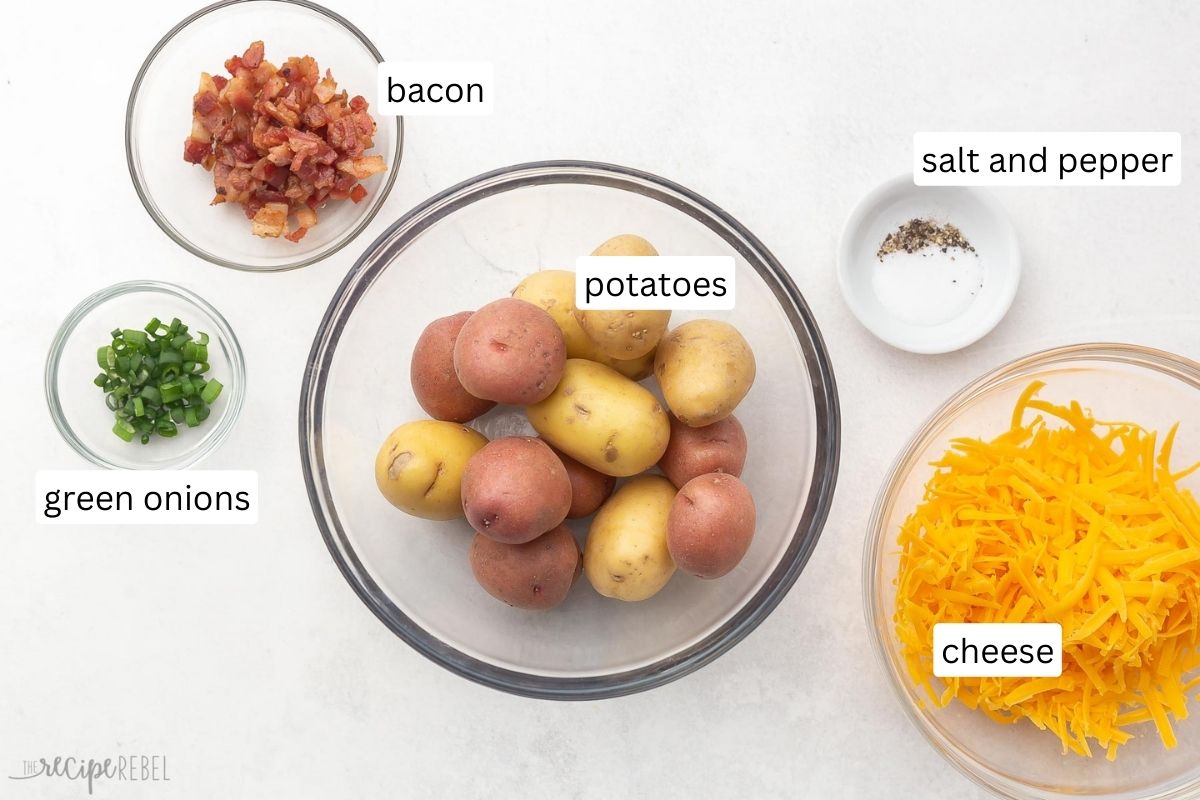 ingredients for cheese and bacon grilled potatoes in glass bowls.