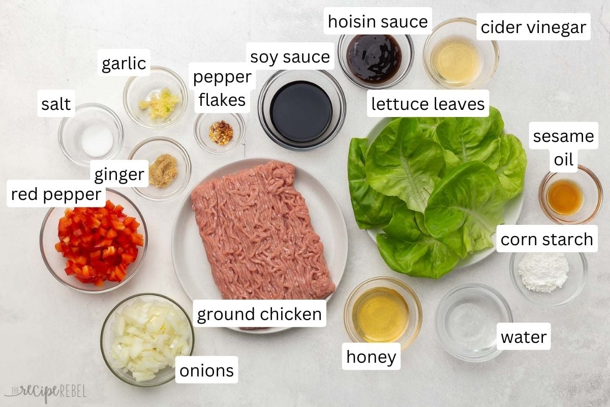 overhead view of chicken lettuce wrap ingredients in glass bowls.