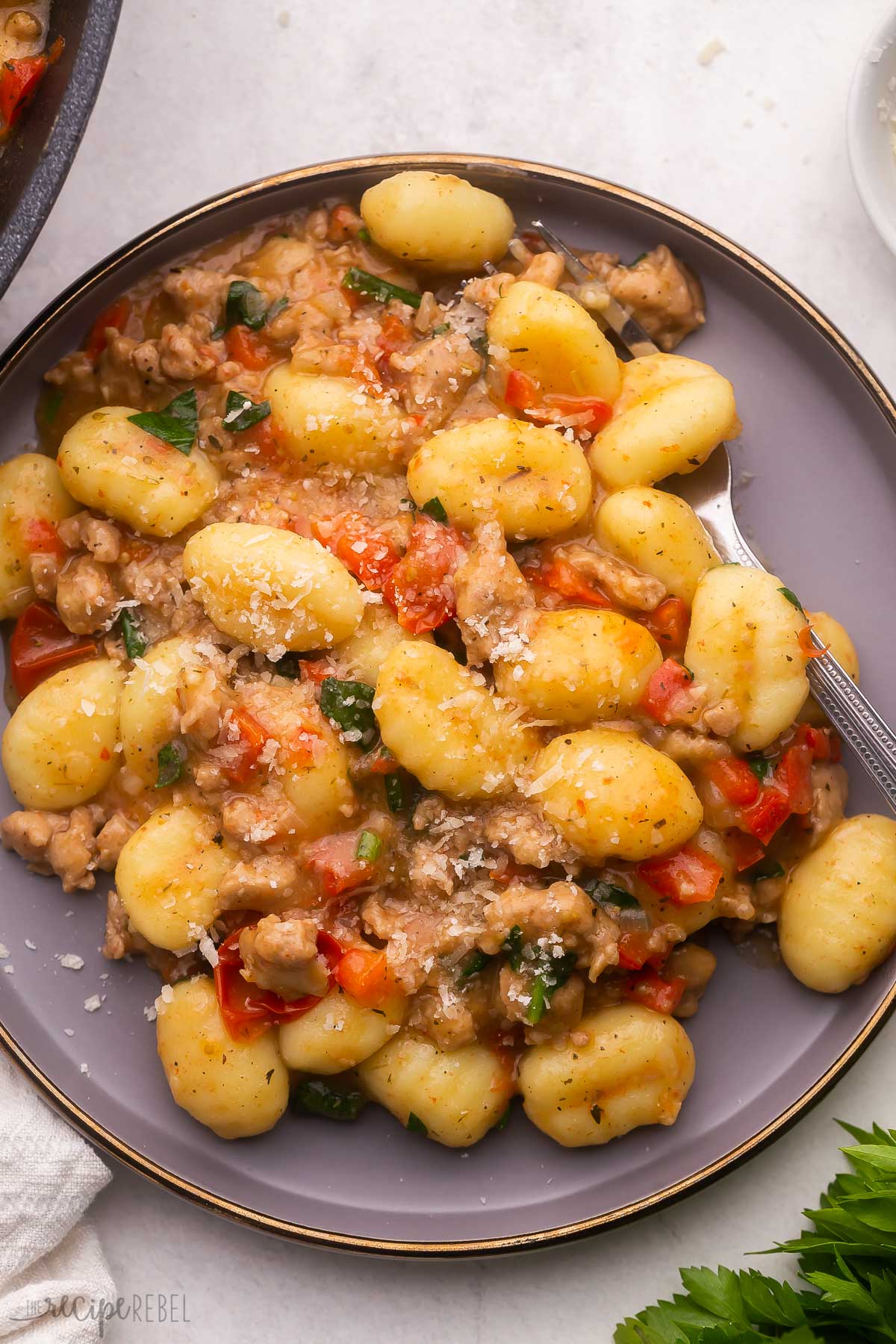 Top view of gnocchi with sausage and tomatoes on a plate. 