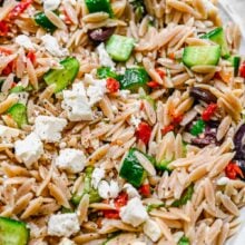 Top view close up of Greek Pasta Salad in a pasta bowl.