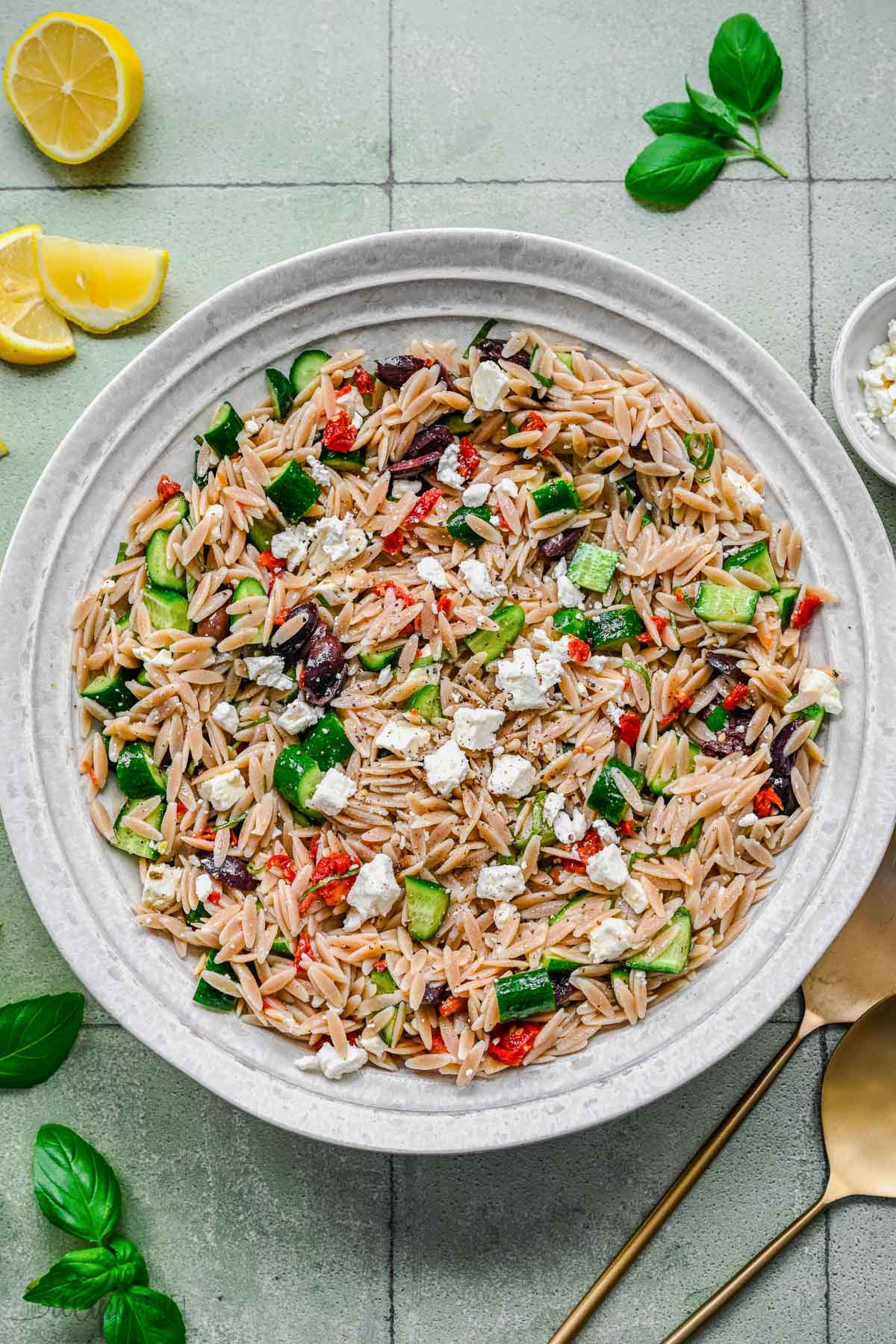 Top view of Greek Pasta Salad in a pasta bowl. 