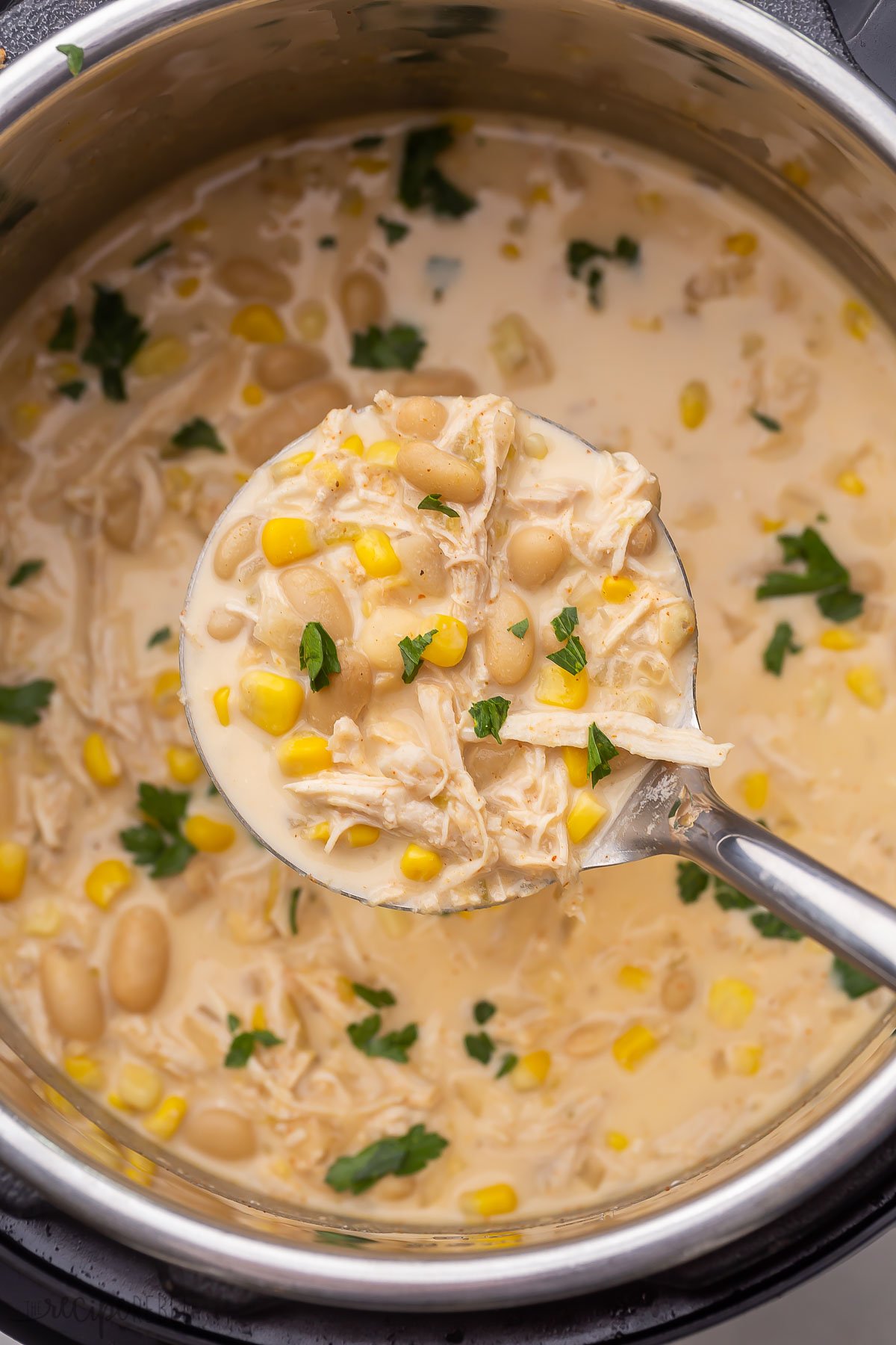 This Instant Pot White Chicken Chili is creamy and hearty with just the right amount of spice! Loaded with lean chicken, white beans, green chiles, and corn, it’s sure to be a crowd-pleaser! #instantpot #dinner | chicken recipes | dinner ideas | dinner recipes | easy recipes | pressure cooker a ladle full of instant pot chicken chilli above instant pot.
