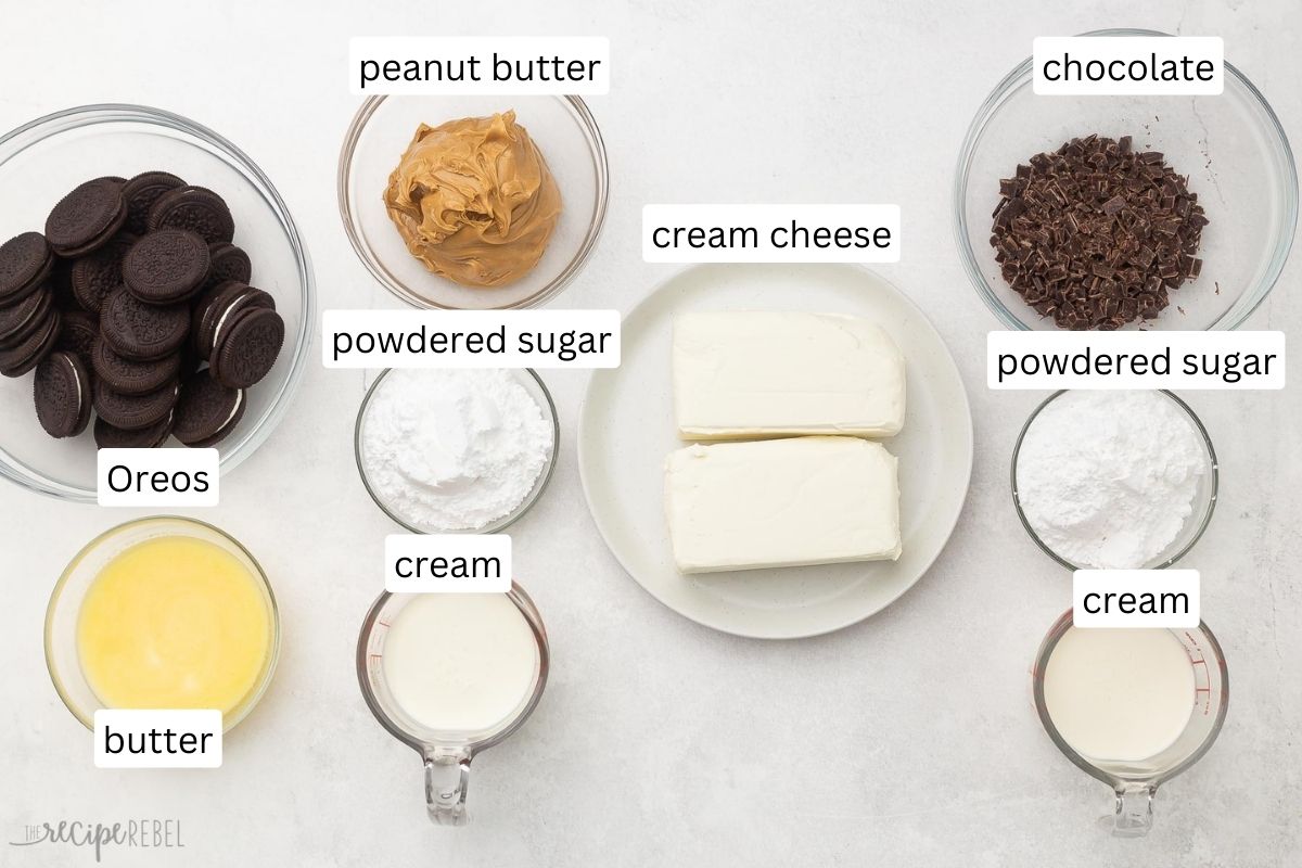 overhead view of ingredients for no bake chocolate peanut butter pie in glass bowls.
