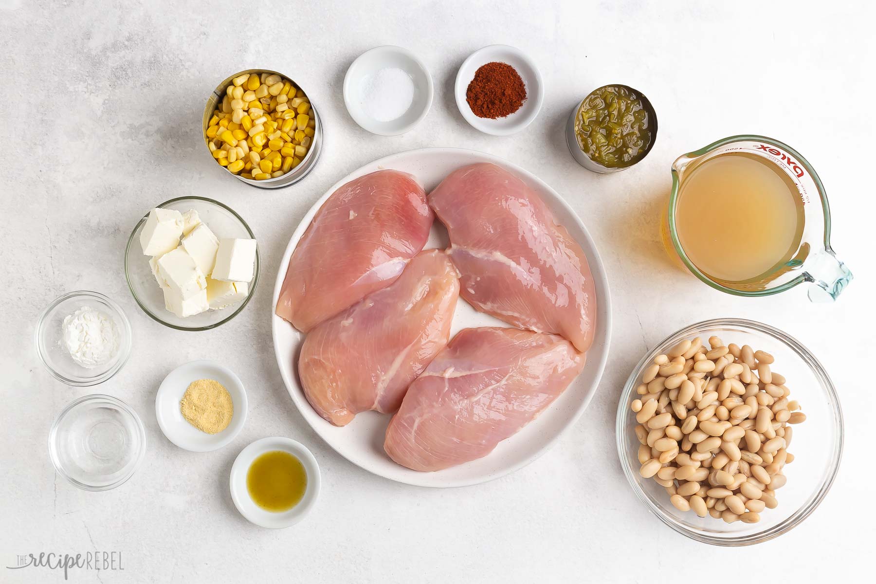 Overhead view of white chicken chilli ingredients.