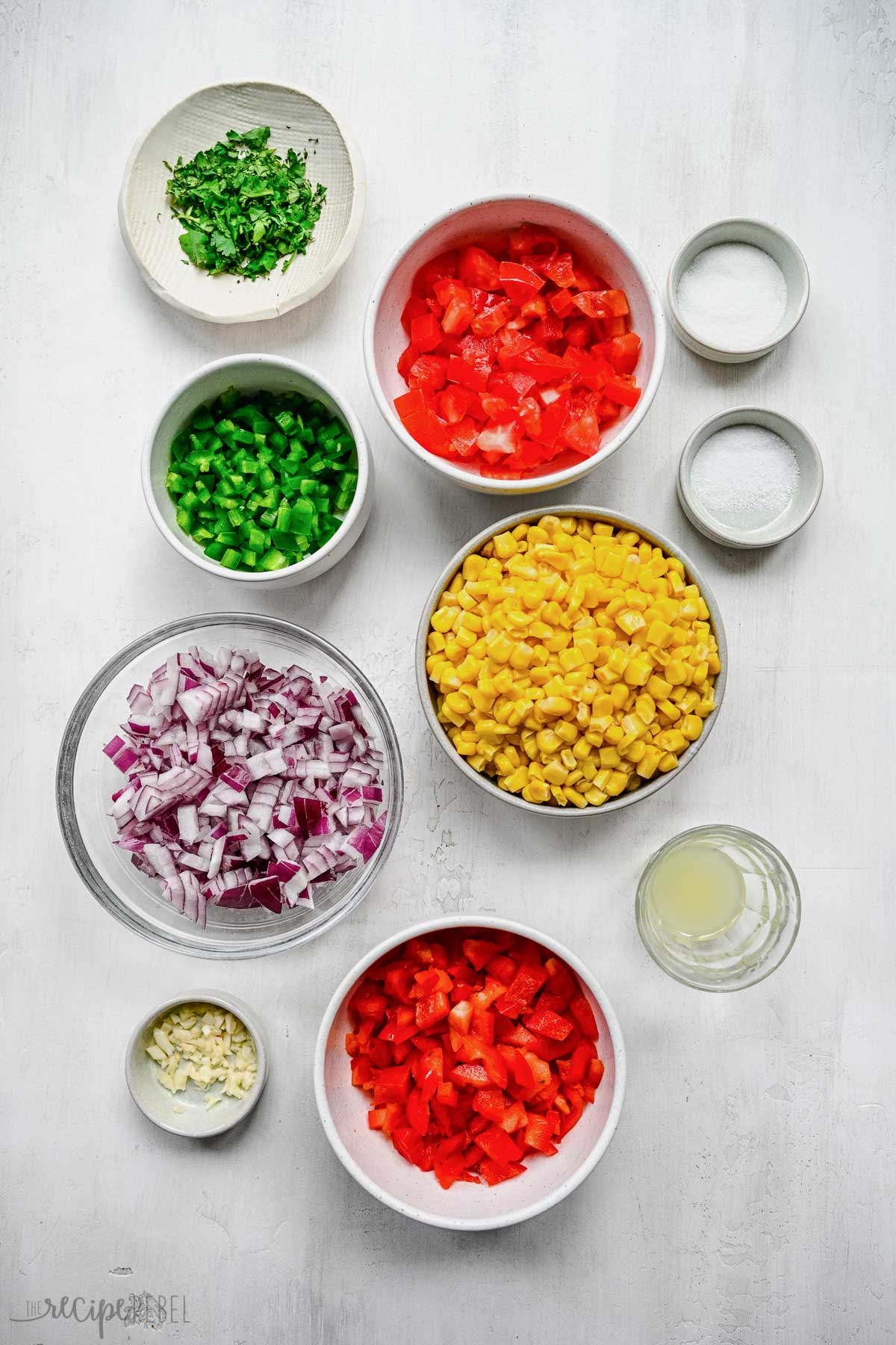 Top view of ingredients needed to make corn salsa.