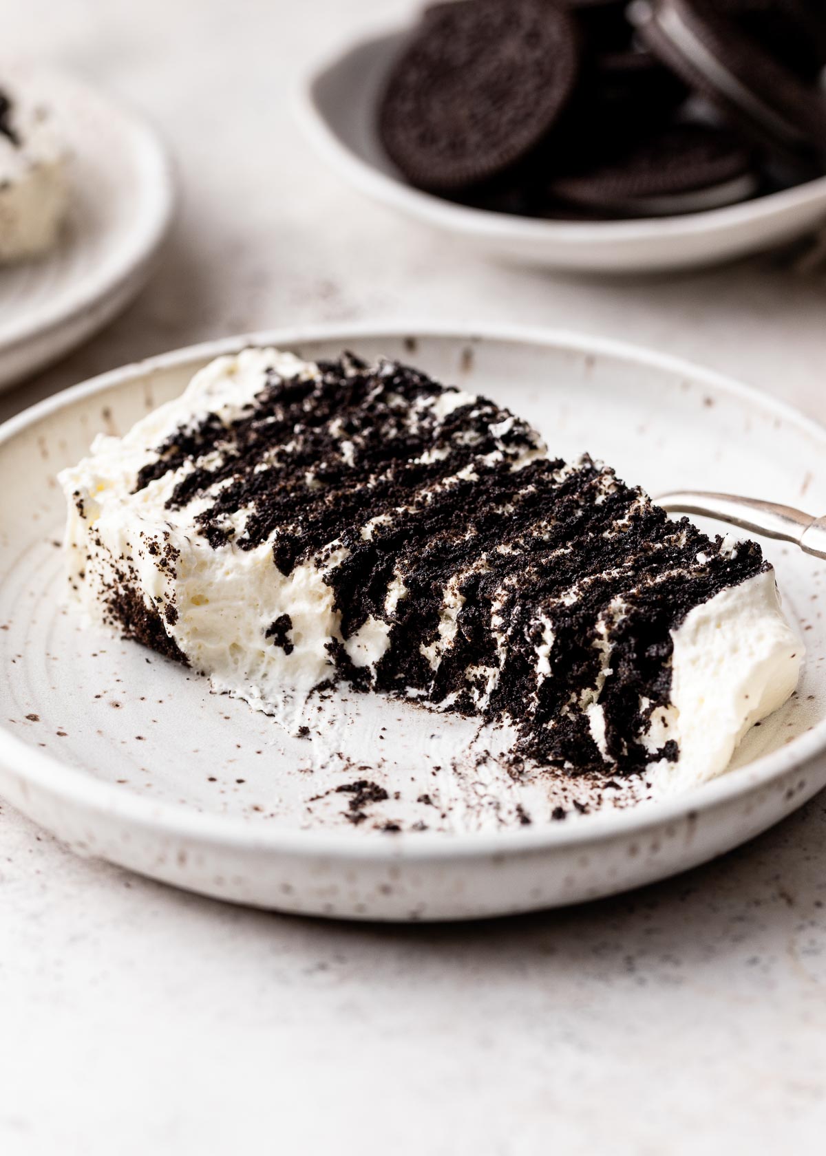 Close up of a slice of Icebox cake on a plate