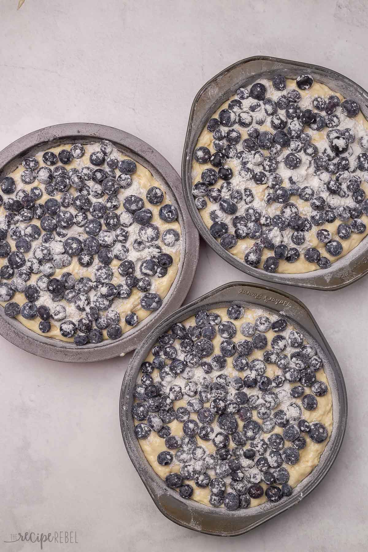 cake batter divided in three pans topped with blueberries.