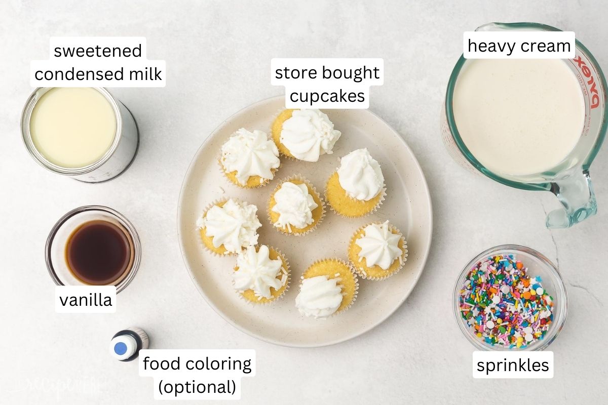 Top view of ingredients needed to make birthday cake ice cream in bowls and a plate. 