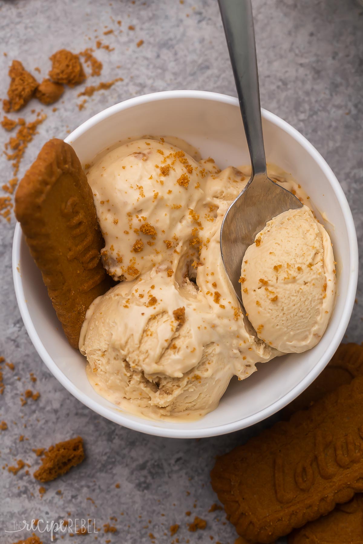 Top view of a white bowl with Biscoff ice cream in it. 