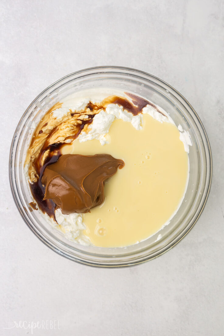 Top view of ingredients needed to make no churn Biscoff ice cream in a glass mixing bowl. 