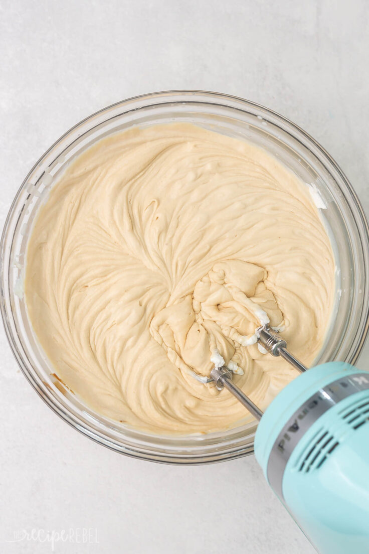 Top view of glass mixing bowl with ice cream mix in it. 