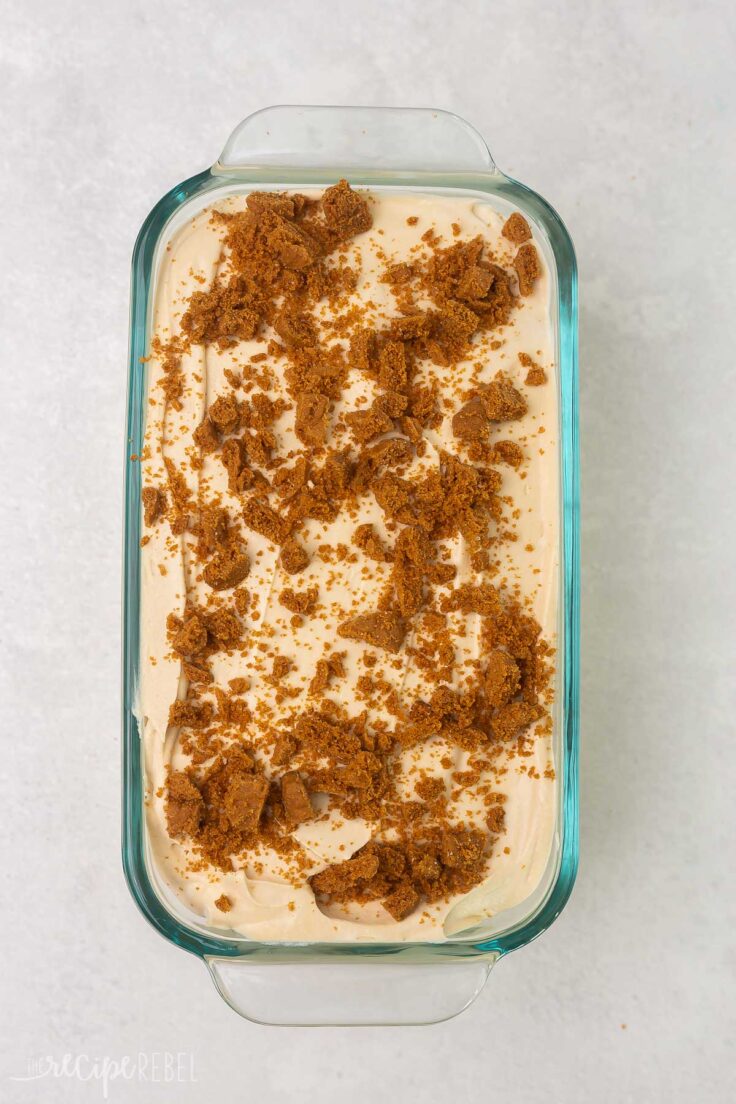 Top view of glass dish with no churn Biscoff ice cream in it with Biscoff bits on top. 