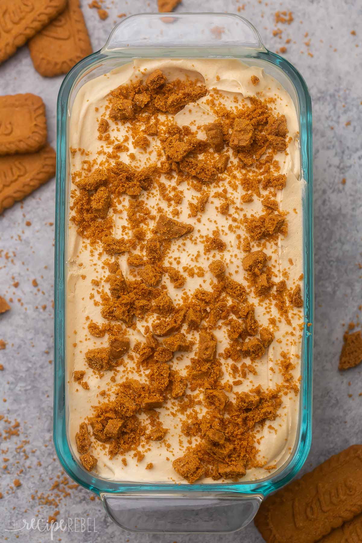 Top view of no churn biscoff ice cream in a glass dish. 