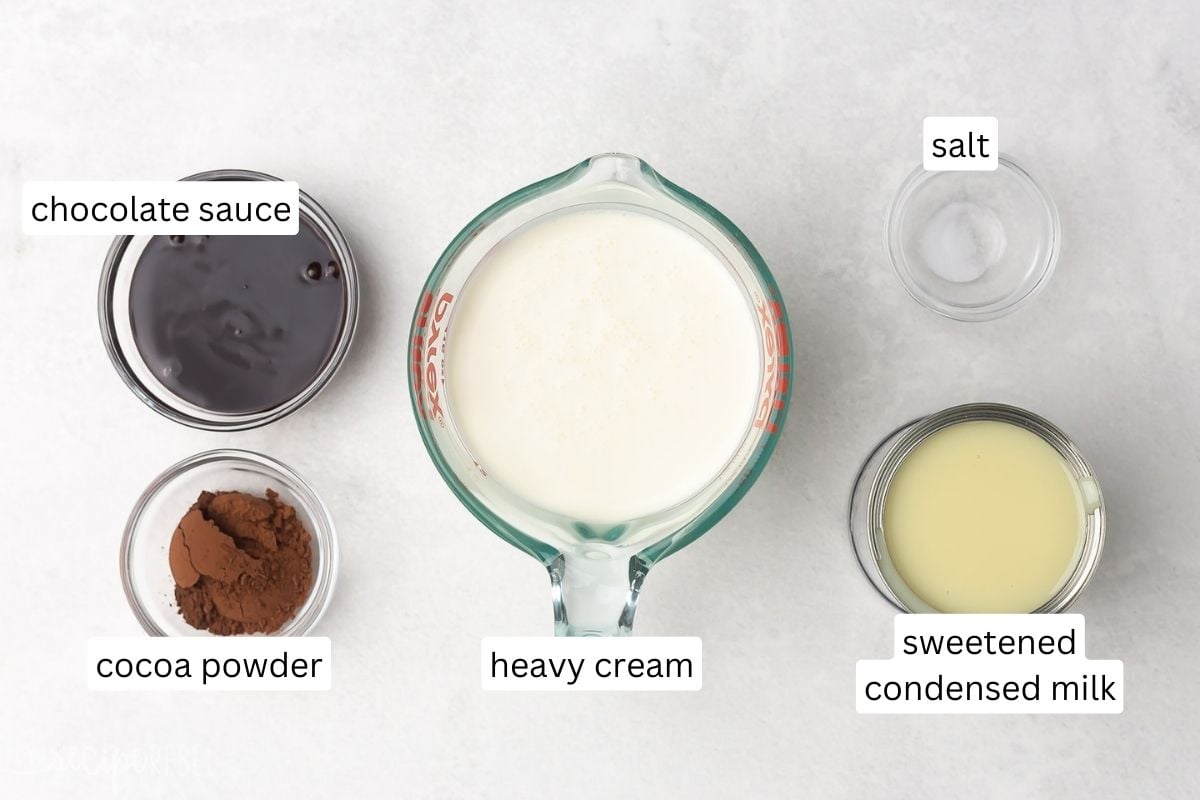 Top view of ingredients needed to make no churn chocolate ice cream in small bowls on a gray surface.
