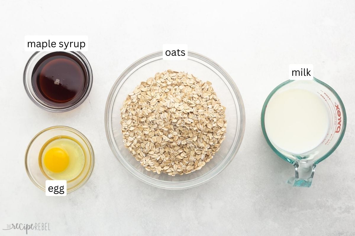 ingredients for baked oatmeal cups in glass bowls.