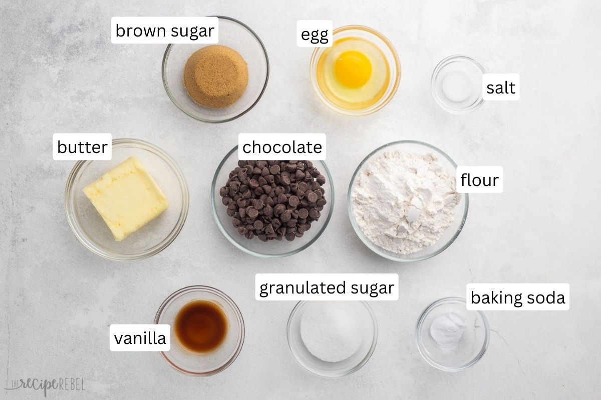 chocolate chip skillet cookie ingredients in glass bowls.