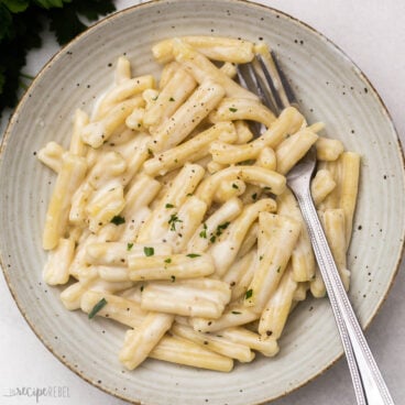 square image of gemelli pasta in plate with fork.