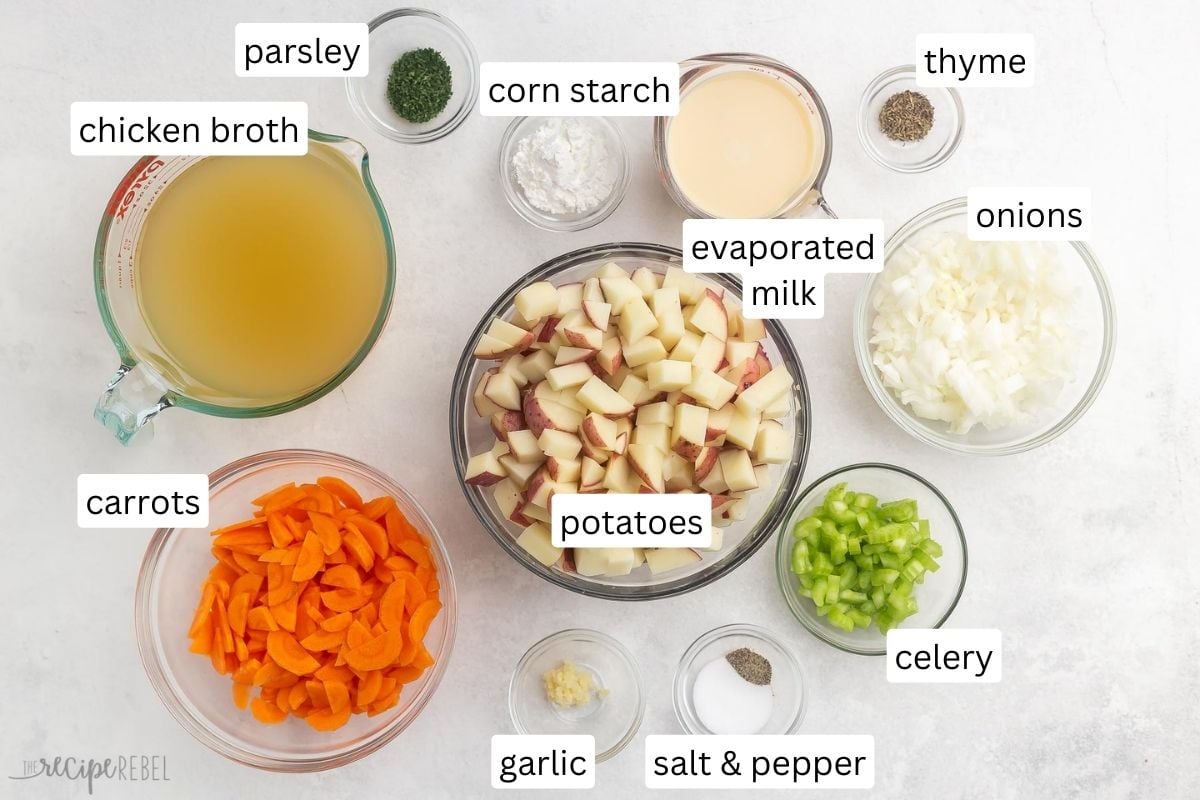 Top view of instant pot potato soup ingredients in white bowls.