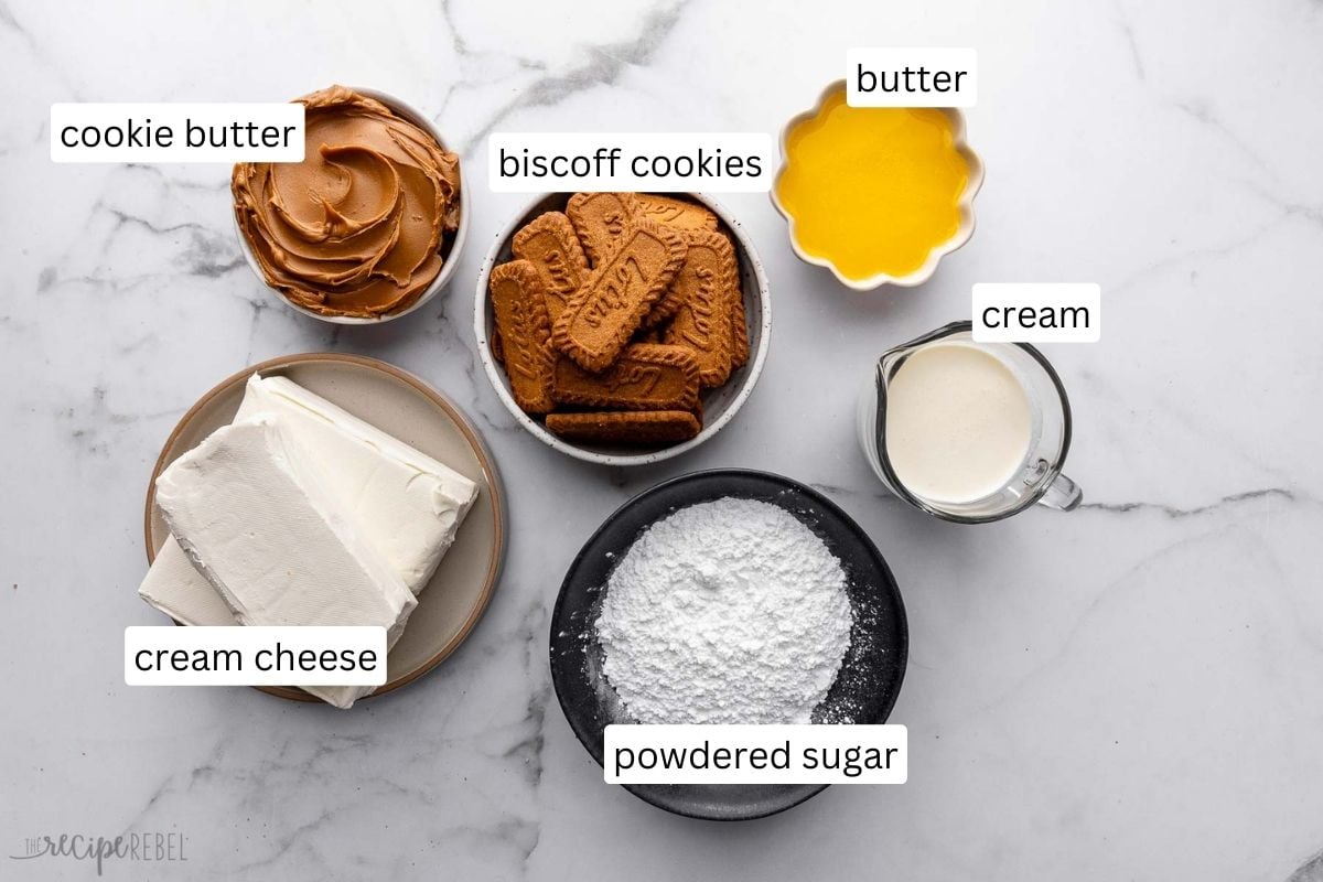 ingredients for no bake biscoff cheesecake in bowls.