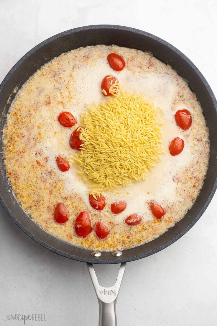 frying pan with sauce, tomatoes and orzo on top.