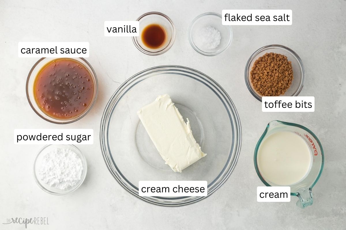 ingredients for caramel apple dip in glass bowls on grey surface.