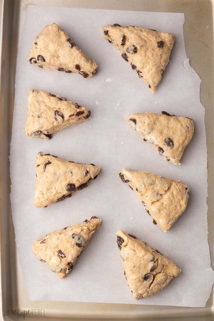 unbaked scones on baking sheet ready to bake.