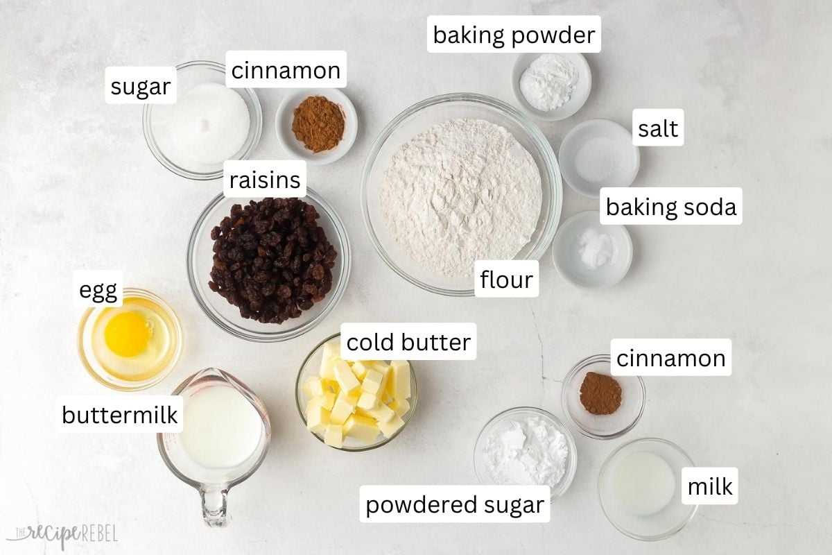 ingredients needed to make cinnamon raisin scones.
