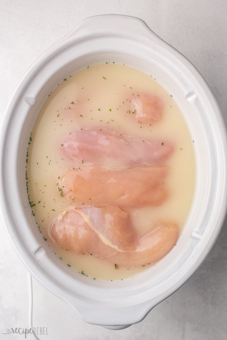 white crockpot full of uncooked ingredients.