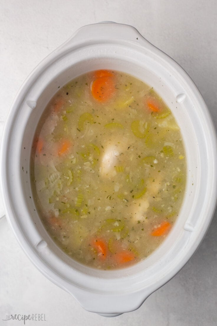 overhead of white crockpot with chicken stew.