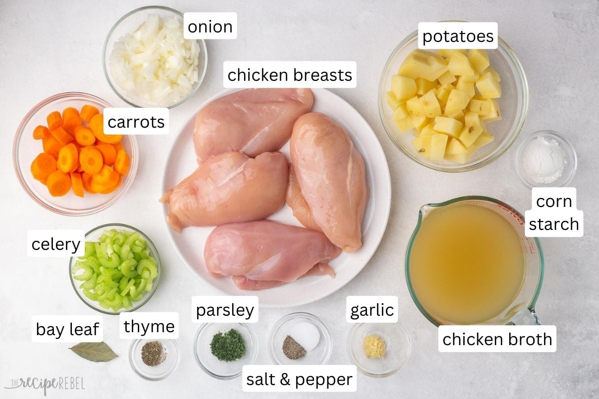 ingredients for crockpot chicken stew in glass bowls.