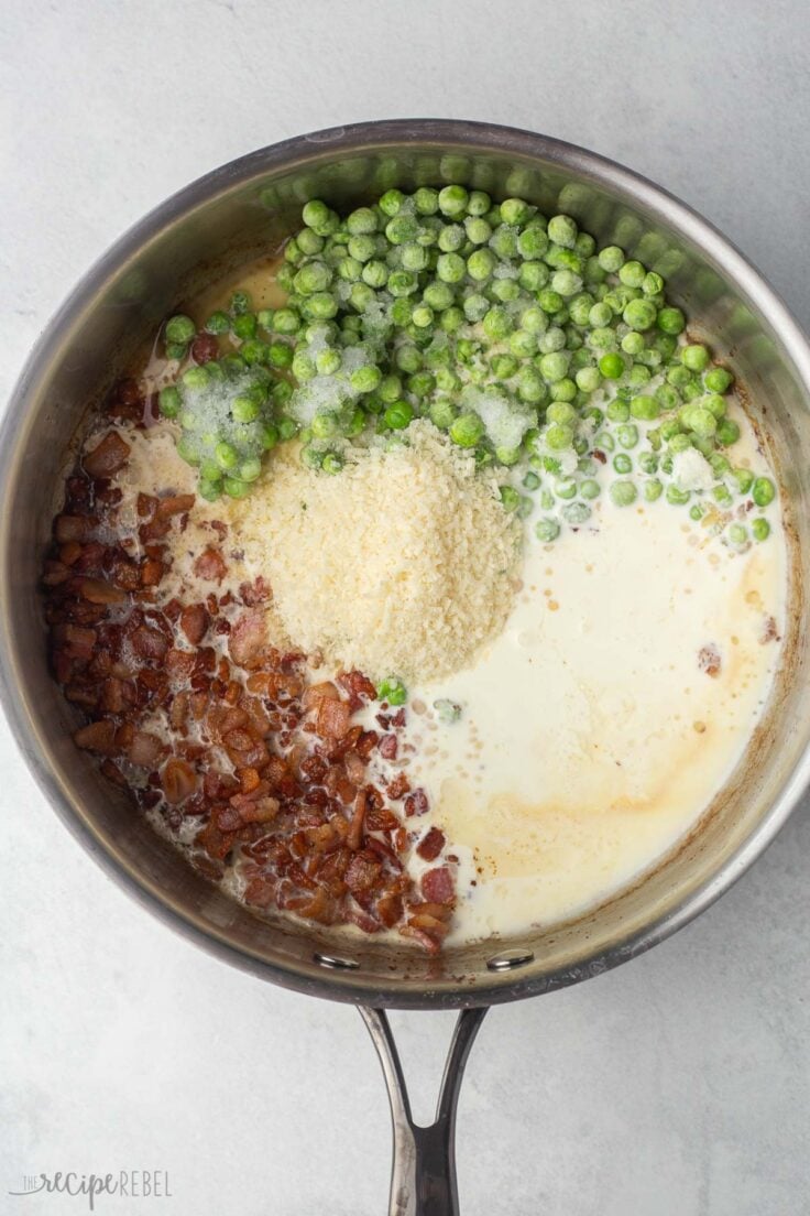 overhead of unmixed ingredients in a steel pot.