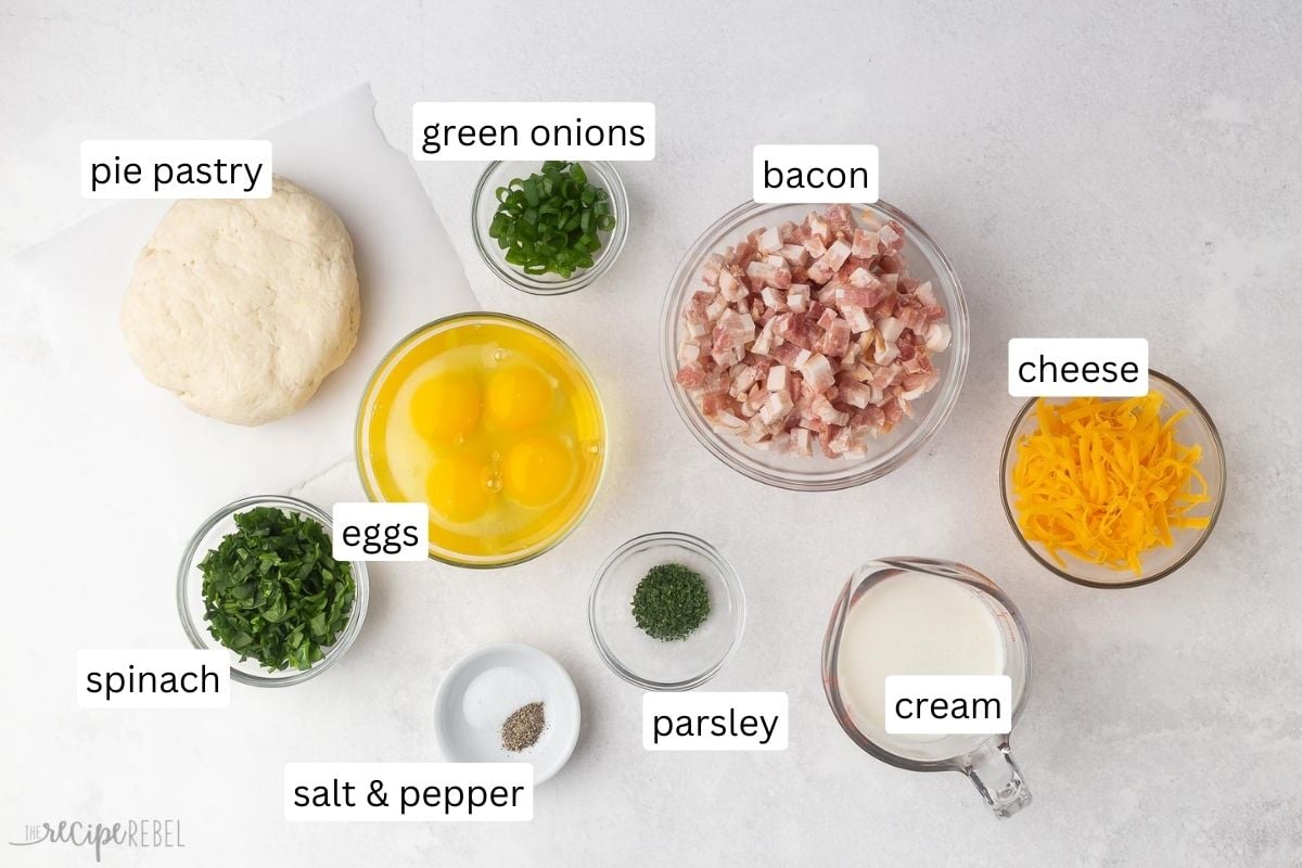 ingredients for mini quiche in glass bowls.