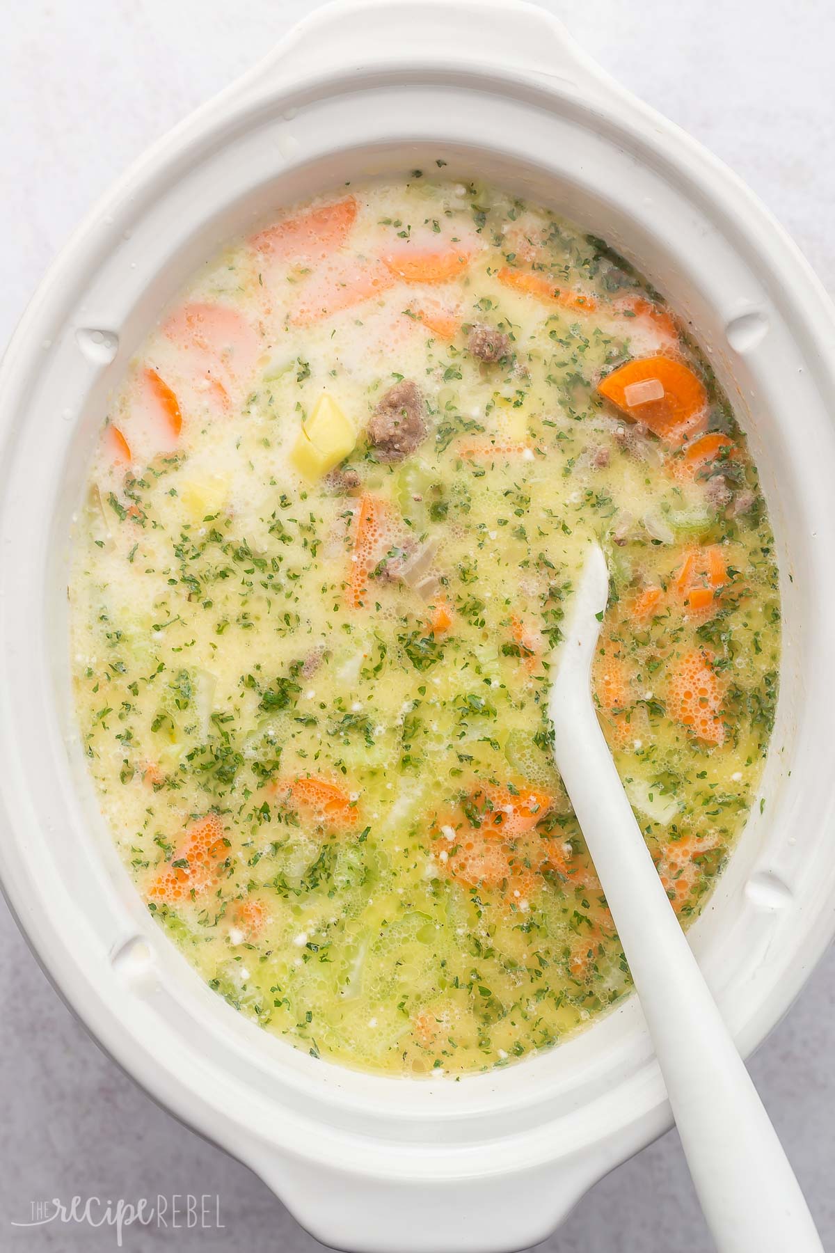 Lightened Up Slow Cooker Cheeseburger Soup Recipe