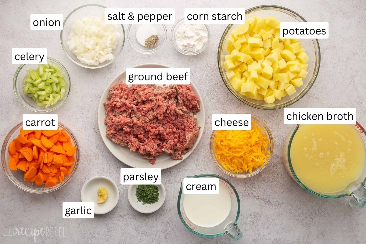 ingredients for slow cooker cheeseburger soup in glass bowls.