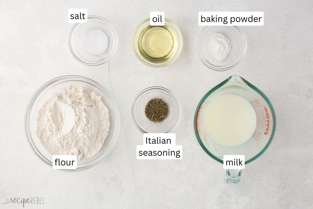 overhead view of ingredients for soup dumplings in glass bowls.