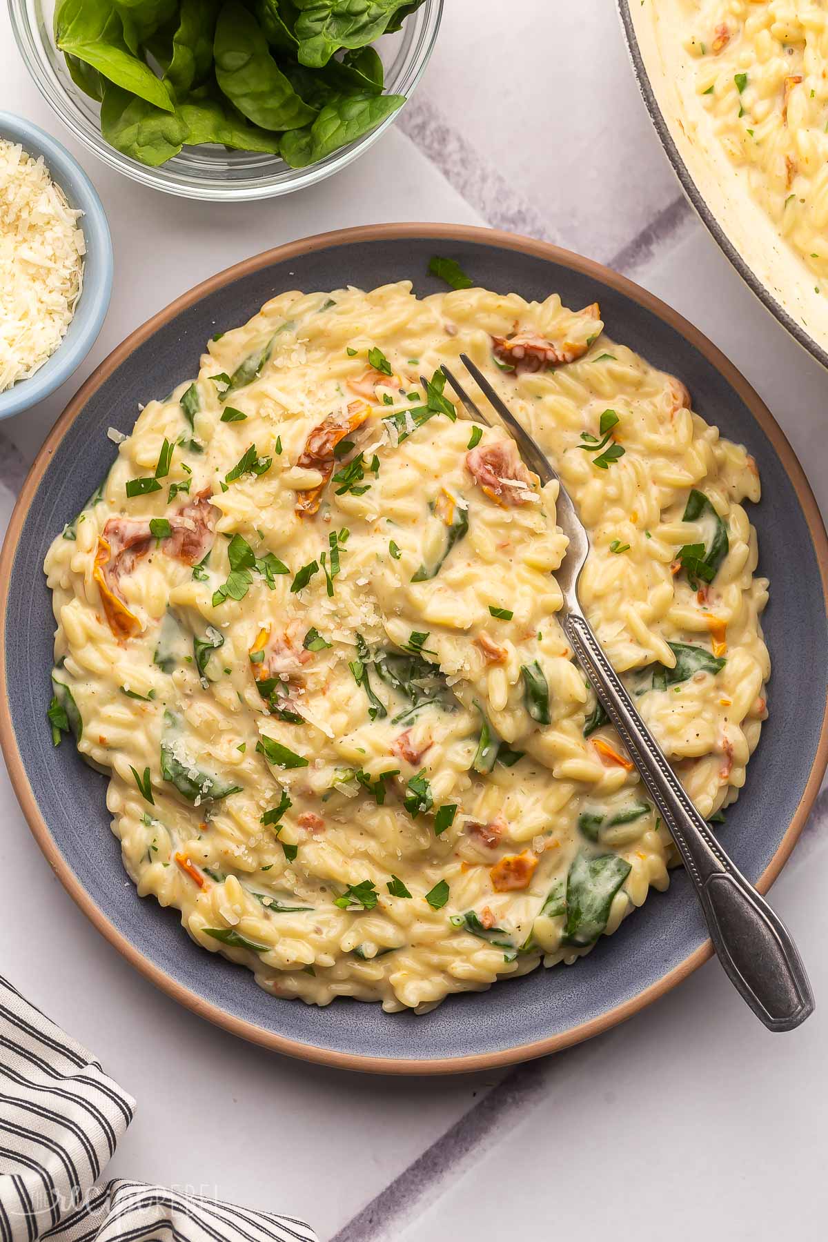 blue plate filled with sun dried tomato spinach orzo and fork on top.