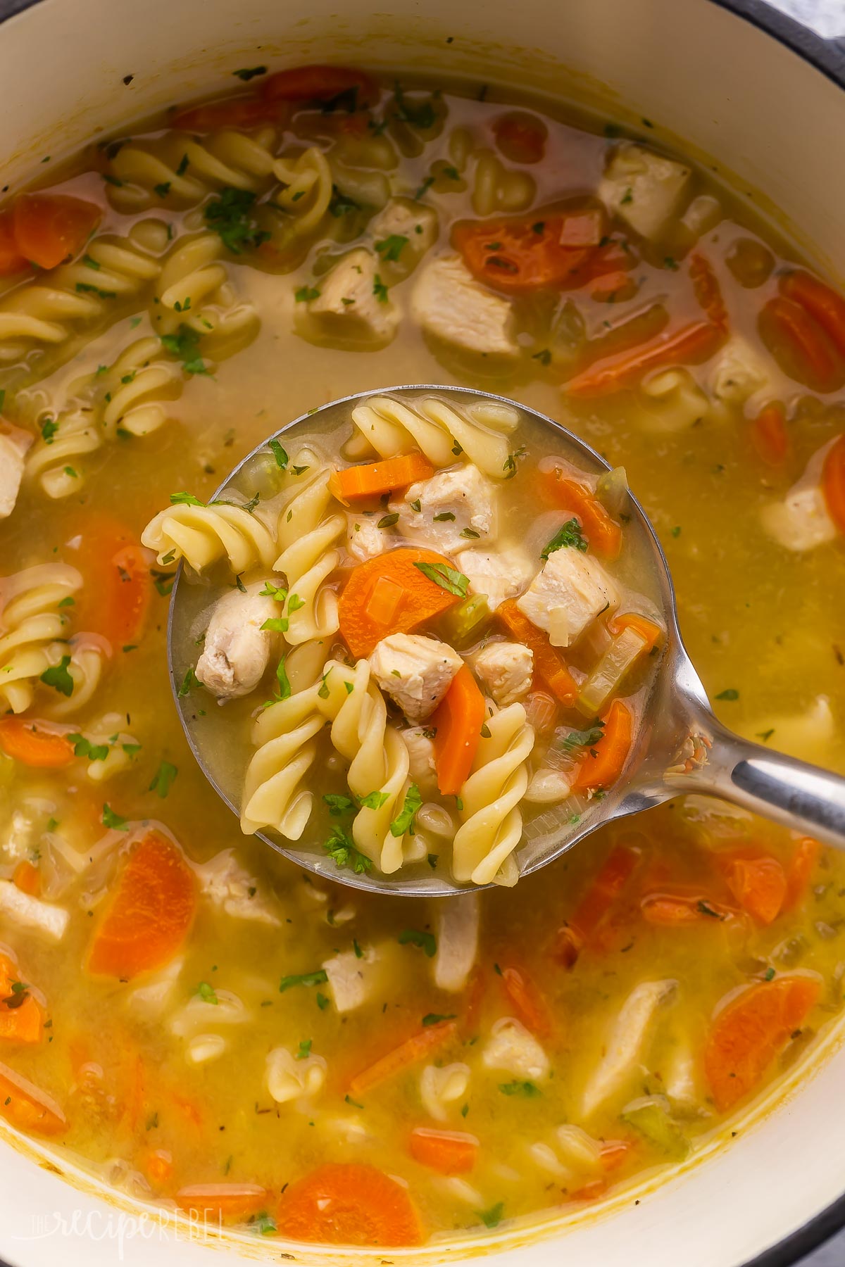 steel ladle scooping turkey noodle soup out of pot.