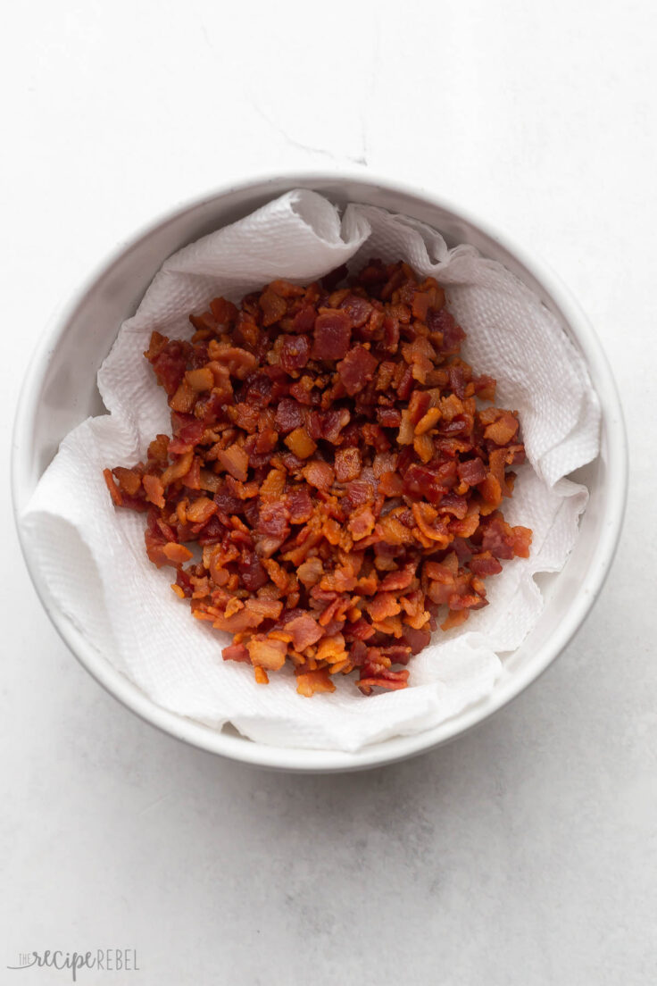 white bowl with paper towel and chopped bacon in.