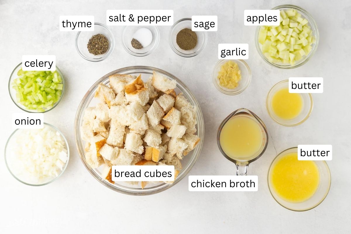 ingredients needed for crockpot stuffing in glass bowls.