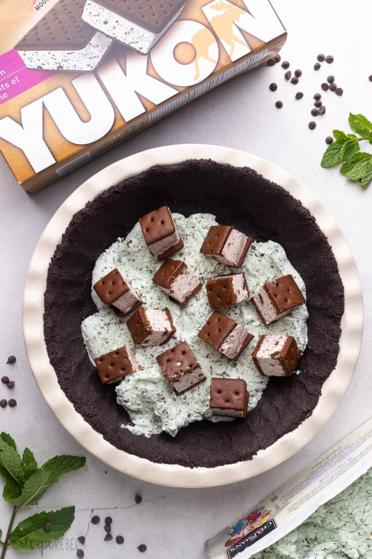 cubes of ice cream sandwiches being place on top of mint ice cream.