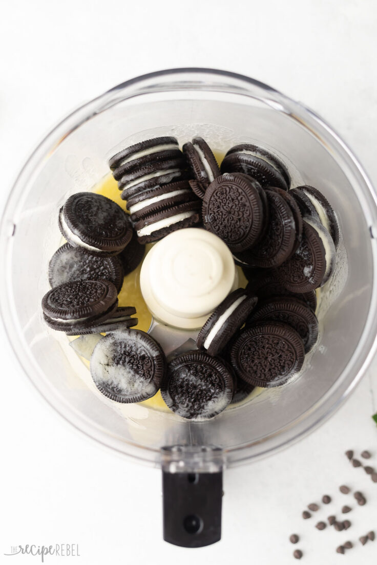 chocolate sandwich cookies and melted butter in food processor.