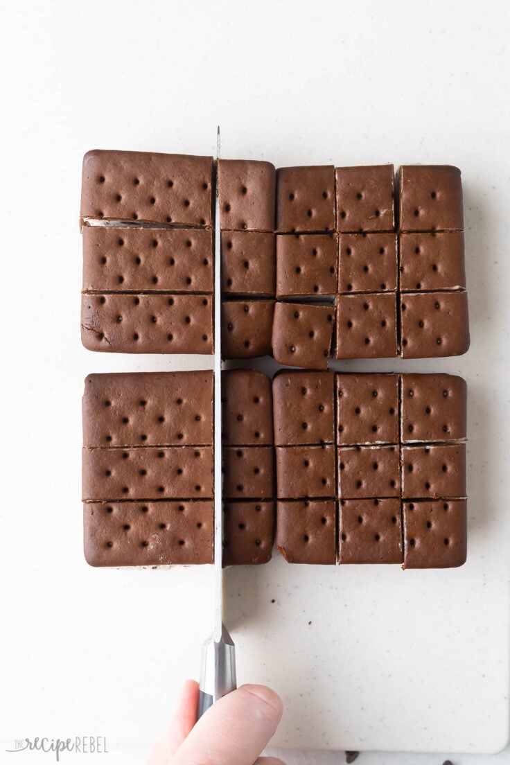 ice cream sandwiches being cut into 9 squares.