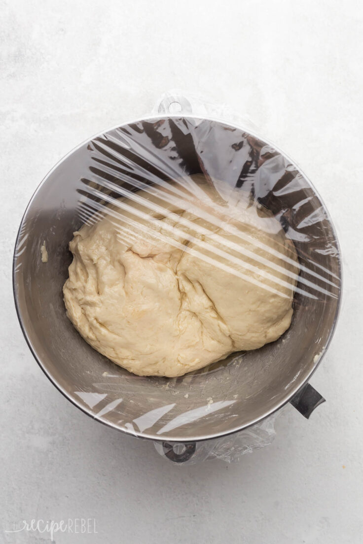 dough in bowl covered with plastic wrap.