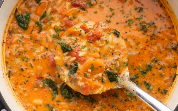 overhead view of pot of sausage orzo soup with steel ladle in.