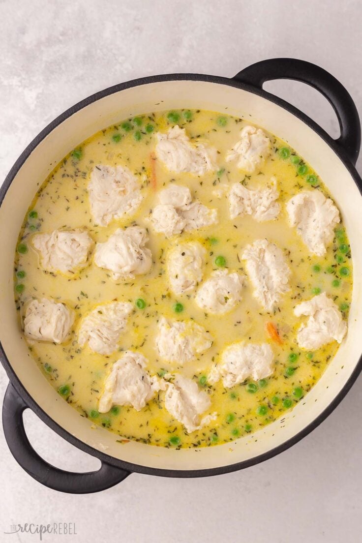 full pot of chicken dumpling soup with uncooked dumplings on top.