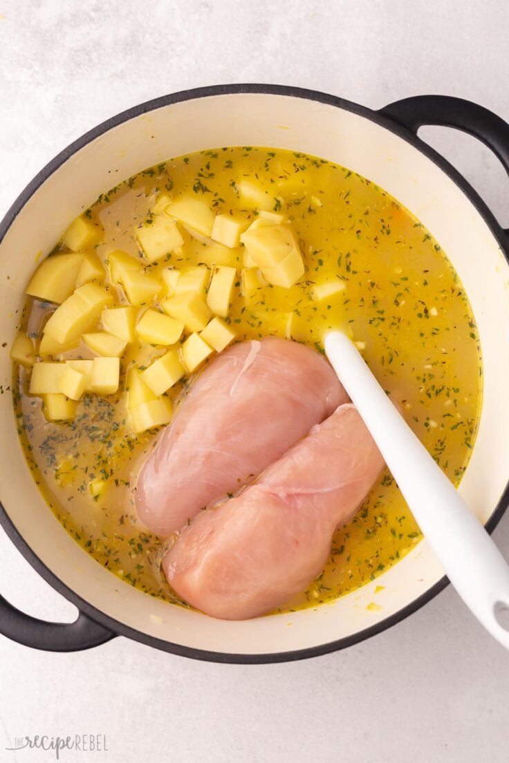 overhead view of chicken breasts and chopped potatoes added to pot.