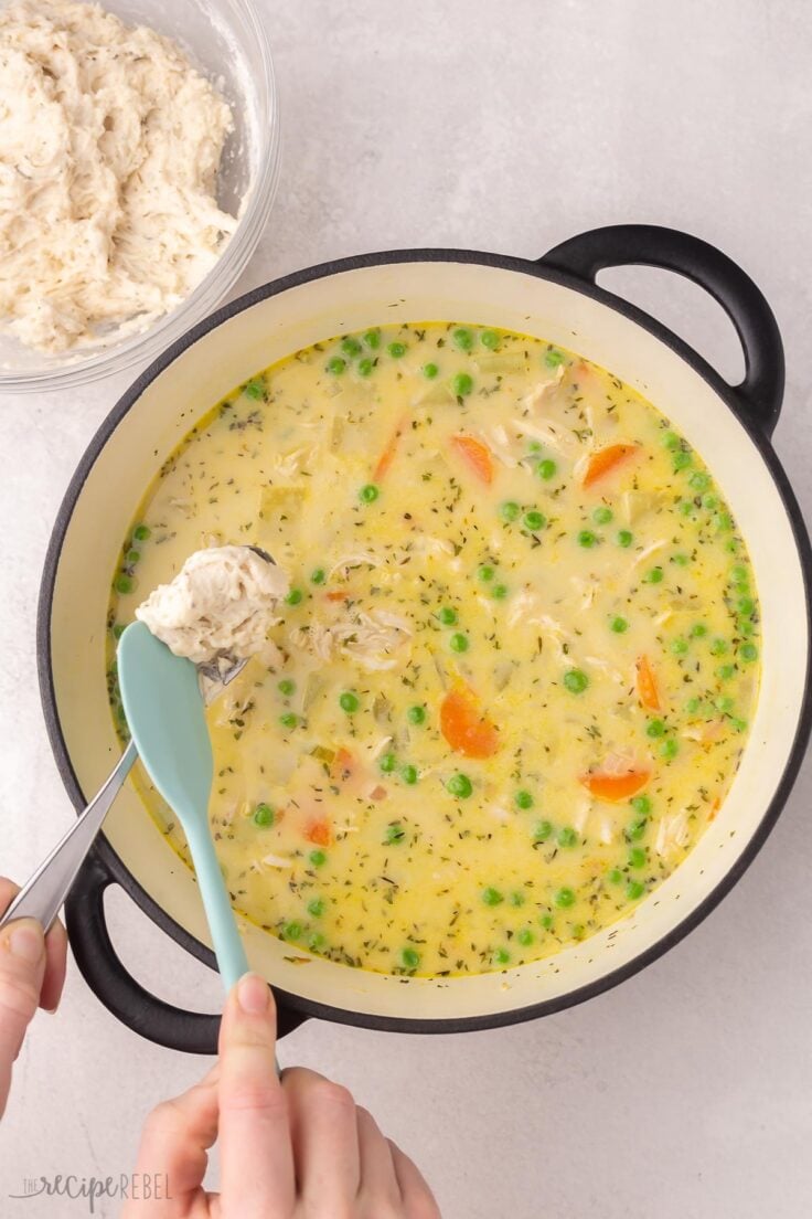 hands adding dumpling dough to pot of soup.