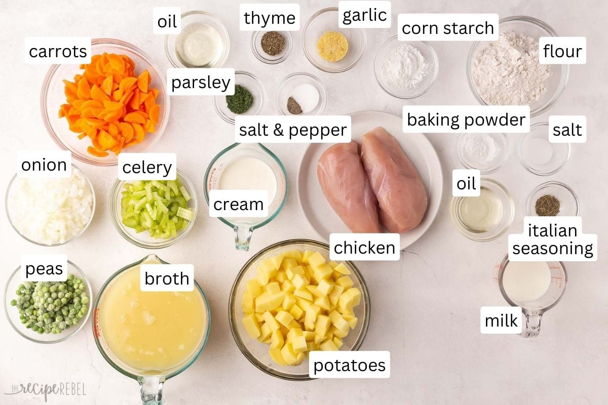 ingredients for chicken dumpling soup in bowls.