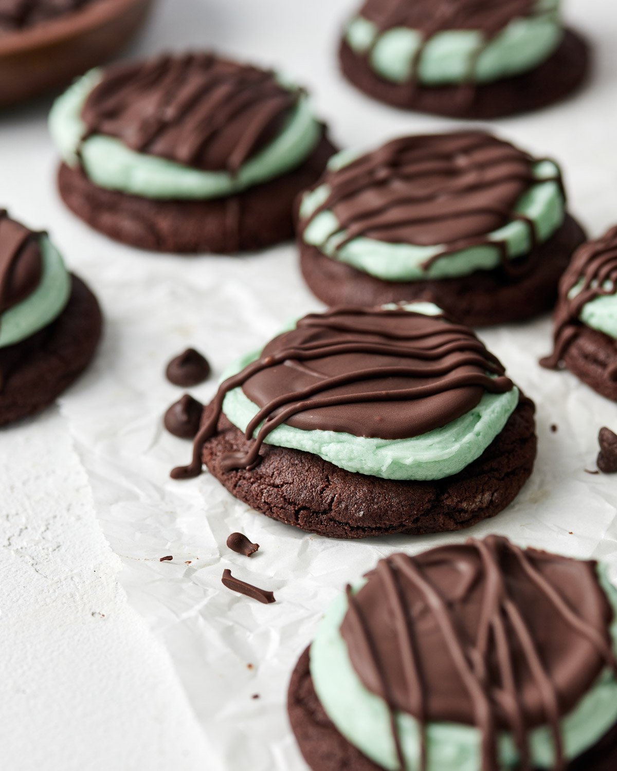 chocolate mint cookies on parchment paper.